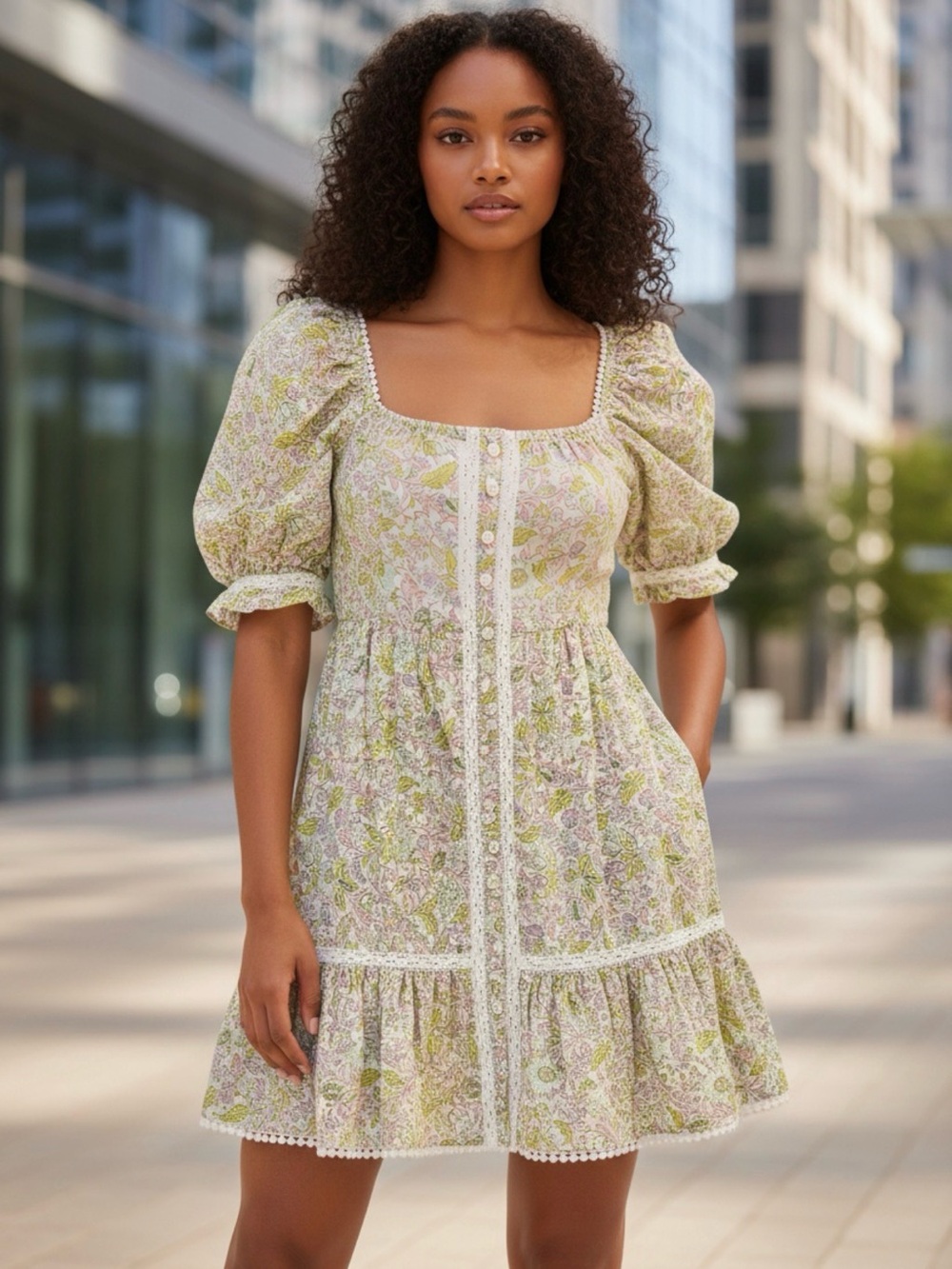 Anthropologie Love the Label Josepha Puff Sleeve Baby Doll Floral Dress Sz L
